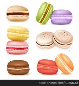 Isolated Macaroon Goods Set. Macaroon set with isolated images of sweet fresh baked almond cookies of different taste and colour vector illustration