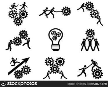isolated men teamwork gears pictogram icons set from white background