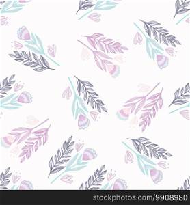Isolated minimalistic seamless pattern with branches and flowers. Botanic bouquet with blue and lilac contour on white background. Great for wallpaper, textile, wrapping paper, fabric print.. Isolated minimalistic seamless pattern with branches and flowers. Botanic bouquet with blue and lilac contour on white background.