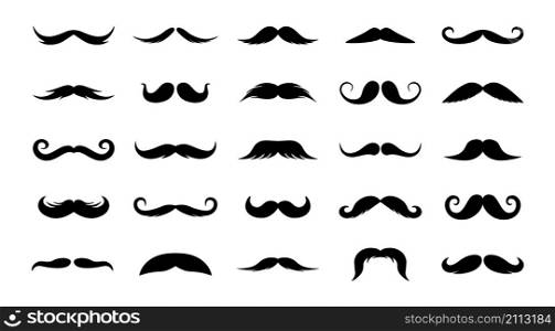 Isolated moustaches. Black cartoon silhouette of adult man mouth facial hair style, barbershop moustache shaving templates. Vector funny set illustration retro mustaches men. Isolated moustaches. Black cartoon silhouette of adult man mouth facial hair style, barbershop moustache shaving templates. Vector funny set