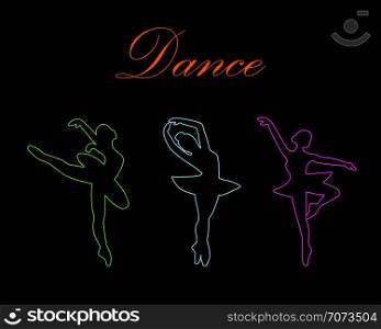 Isolated on a black background are the neon three silhouettes of dancing ballerinas and the inscription DANCE.