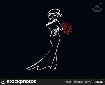 Isolated on black background girl in long dress with red flowers looking back.