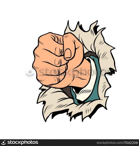 isolated on white background a fist punches the paper. Pop art retro vector illustration. a fist punches the paper