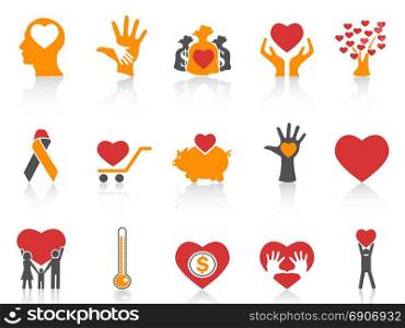 isolated orange color charity icons set from white background