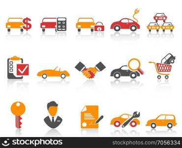 isolated orange red color series car dealer icons set from white background