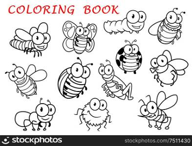Isolated outline insect animals characters with fly and dragonfly, butterfly and mosquito, caterpillar and bee, spider and wasp, ladybug and grasshopper, bug and ant. For coloring book usage . Isolated outline insect animals characters