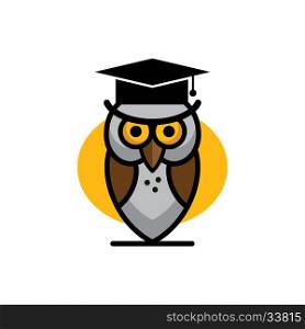 Isolated owl icon. Company logo. Back to school design for banners, stickers, flyers, promotional materials. Graduation card. Flat education elements owl, diploma. Vector illustration.