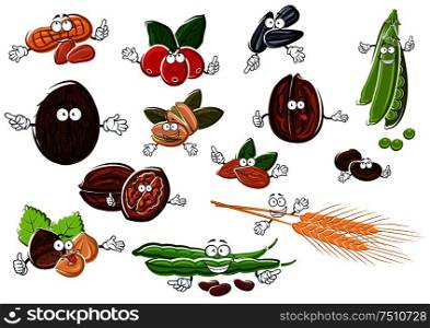 Isolated peanuts, roasted and fresh coffee beans, coconut, hazelnuts, pistachios, almonds, walnuts, sweet pea, beans, sunflower seeds and wheat ears characters. For food or agriculture design. Cartoon nuts, beans, seeds and wheat