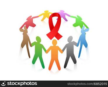 isolated people around the red ribbon AIDS symbol from white background