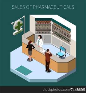 Isolated pharmaceutical production composition with sales of pharmaceuticals headline and pharmacy corner vector illustration