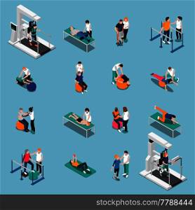 Isolated physiotherapy rehabilitation isometric people icon set with patients at doctor appointment vector illustration. Physiotherapy Rehabilitation Isometric People Icon Set