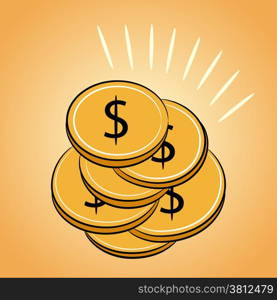 Isolated pile of golden coins Dollar. Vector image.