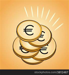 Isolated pile of golden coins euro. Vector image.