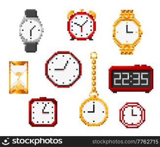 Isolated pixel hourglass, watch and alarm clock pixel art 8bit game icons. Vector time accessories, pixelated elements set. Stopwatch, wrist watch, sandglass and golden breguet watch on chain. Isolated pixel hourglass, watch and alarm clock
