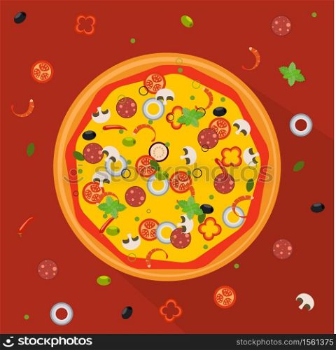 Isolated pizza, traditional ingredients for the pizza. Vector Illustration.. Vector Illustration. Isolated pizza, traditional ingredients for the pizza.