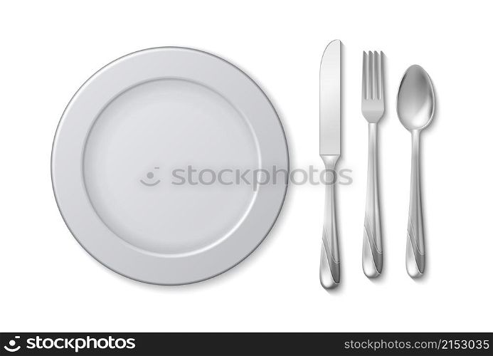 Isolated plate knife fork. Cutlery on napkin, serving table. Restaurant or cafe, bar equipment. Metal kitchen tools vector elements. Illustration banquet of restaurant serving fork spoon and plate. Isolated plate knife fork. Cutlery on napkin, serving table. Restaurant or cafe, bar equipment. Metal kitchen tools vector elements