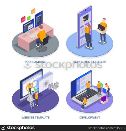 Isolated programming coding development isometric icon set with programming support application website template and development descriptions vector illustration