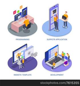 Isolated programming coding development isometric icon set with programming support application website template and development descriptions vector illustration