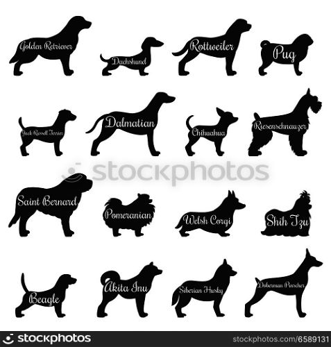 Isolated purebred dogs profile silhouette icon set with golden retriever pug beagle jack Russell terrier and other breeds vector illustration. Dogs Profile Silhouette Icon Set