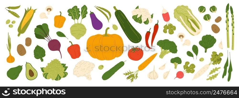 Isolated raw vegetables, food and vegetarian veggies vector icons. Carrot, cucumber and organic onion or eggplant, vegan veggies and farm vegetables of tomato, green cabbage and pepper with radish. Isolated raw vegetables, vegetarian food veggies
