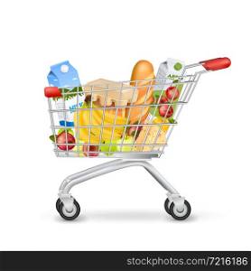 Isolated realistic image of shopping trolley wheeled basket with products side view with shadows on blank background vector illustration. Realistic Supermarket Trolley Full Of Items