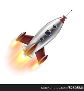 Isolated Realistic Rocket. Realistic rocket of red grey color with round portholes in flight on white background isolated vector illustration