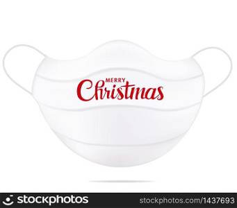Isolated realistic white medical face mask with text Merry Christmas. Christmas greetings trend. Outbreak Coronavirus. Healthcare concept. 3d illustration. White background