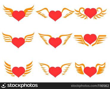 isolated red heart wings icons set on white background