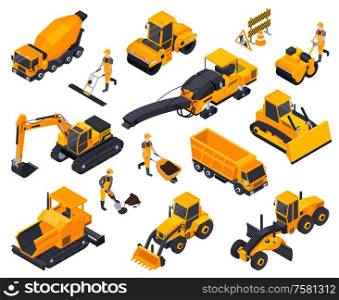 Isolated road construction isometric icon set with different yellow bulldozers cars machines vector illustration