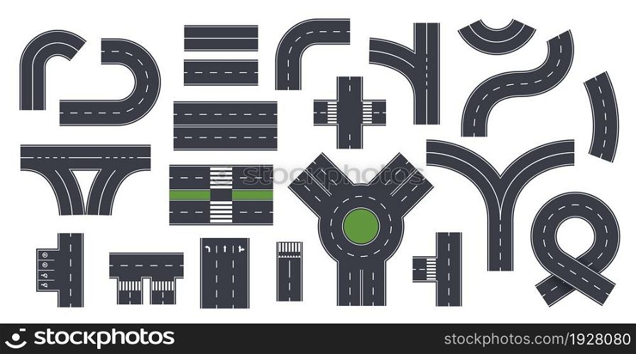 Isolated roads elements. Highway lane, asphalt road with crosswalk. Roadside, top view city map way with turns and circles exact vector set. Illustration road way, path winding and turn. Isolated roads elements. Highway lane, asphalt road with crosswalk. Roadside, top view city map way with turns and circles exact vector set