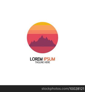 Isolated round sunset vector logo. Mountains silhouette. Minimalistic evening sky.