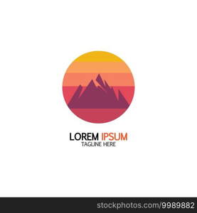 Isolated round sunset vector logo. Mountains silhouette. Minimalistic evening sky.