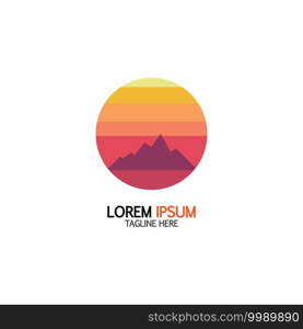 Isolated round sunset vector logo. Mountains silhouette. Minimalistic evening sky.