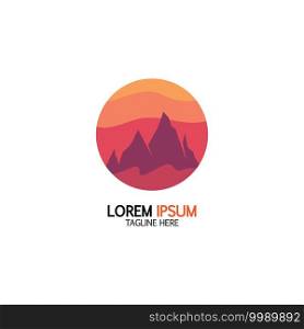 Isolated round sunset vector logo. Mountains silhouette. Minimalistic evening sky.
