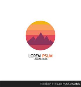 Isolated round sunset vector logo. Mountains silhouette. Minimalistic evening sky.