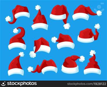 Isolated santa hats. Claus cap, red hat with plush ball. Christmas and new year costume elements. Xmas head accessories for photo garish vector set. Illustration of red hat to winter holiday. Isolated santa hats. Claus cap, red hat with plush ball. Christmas and new year costume elements. Xmas head accessories for photo garish vector set