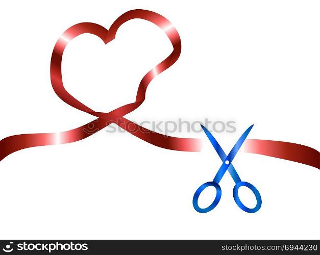 isolated scissors cutting red heart ribbon from white background