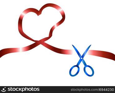 isolated scissors cutting red heart ribbon from white background