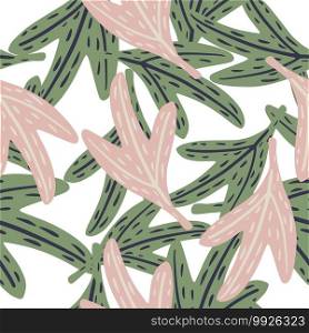 Isolated seamless cartoon pattern with nature reen and pink leaf elements. White background. Great for fabric design, textile print, wrapping, cover. Vector illustration.. Isolated seamless cartoon pattern with nature reen and pink leaf elements. White background.