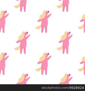 Isolated seamless childish pattern with funny unicorn pink silhouettes, White background. Decorative backdrop for fabric design, textile print, wrapping, cover. Vector illustration. Isolated seamless childish pattern with funny unicorn pink silhouettes, White background.