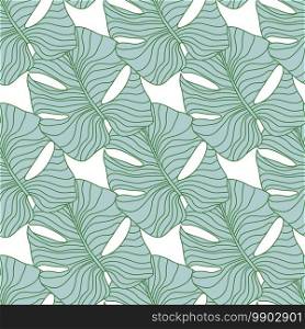 Isolated seamless doodle pattern with blue contoured monstera shapes. White background. Foliage tropical artwork. Decorative backdrop for fabric design, textile, wrapping, cover. Vector illustration. Isolated seamless doodle pattern with blue contoured monstera shapes. White background. Foliage tropical artwork.