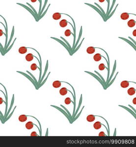 Isolated seamless doodle pattern with forest berry silhouettes. Red floral ornament with green stems on white background. For fabric design, textile print, wrapping, cover. Vector illustration.. Isolated seamless doodle pattern with forest berry silhouettes. Red floral ornament with green stems on white background.