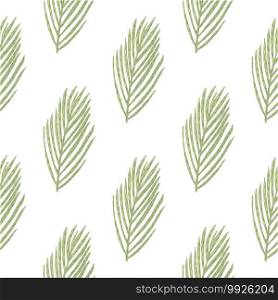 Isolated seamless doodle pattern with green fir branches ornament. White background. Simple design. Perfect for fabric design, textile print, wrapping, cover. Vector illustration.. Isolated seamless doodle pattern with green fir branches ornament. White background. Simple design.
