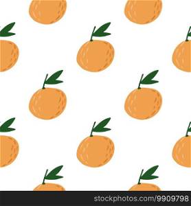 Isolated seamless food pattern with mandarins ornament. Simple orange fruit shapes with green leaves on white background. Perfect for fabric design, textile print, wrapping, cover. Vector illustration. Isolated seamless food pattern with mandarins ornament. Simple orange fruit shapes with green leaves on white background.