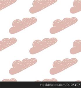 Isolated seamless hand drawn pattern with pink pale cloud shapes. White background. Decorative backdrop for fabric design, textile print, wrapping, cover. Vector illustration.. Isolated seamless hand drawn pattern with pink pale cloud shapes. White background.