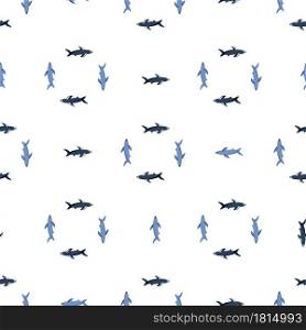 Isolated seamless pattern in geometric style with blue simple shark shapes. White background. Designed for fabric design, textile print, wrapping, cover. Vector illustration.. Isolated seamless pattern in geometric style with blue simple shark shapes. White background.