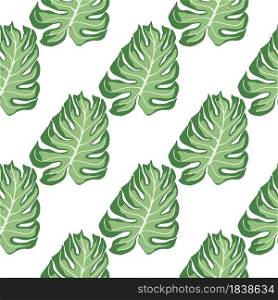 Isolated seamless pattern with green monstera leaf silhouettes print. White background. Decorative backdrop for fabric design, textile print, wrapping, cover. Vector illustration.. Isolated seamless pattern with green monstera leaf silhouettes print. White background.