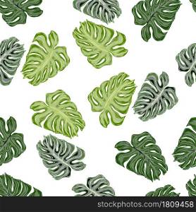 Isolated seamless pattern with green random monstera silhouettes print. White background. Decorative backdrop for fabric design, textile print, wrapping, cover. Vector illustration.. Isolated seamless pattern with green random monstera silhouettes print. White background.