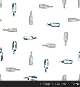 Isolated seamless pattern with grey and blue glass bottle with messages print. White background. Designed for fabric design, textile print, wrapping, cover. Vector illustration.. Isolated seamless pattern with grey and blue glass bottle with messages print. White background.