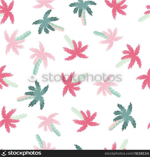 Isolated seamless pattern with pink and blue random small palm tree elements. White background. Designed for fabric design, textile print, wrapping, cover. Vector illustration.. Isolated seamless pattern with pink and blue random small palm tree elements. White background.